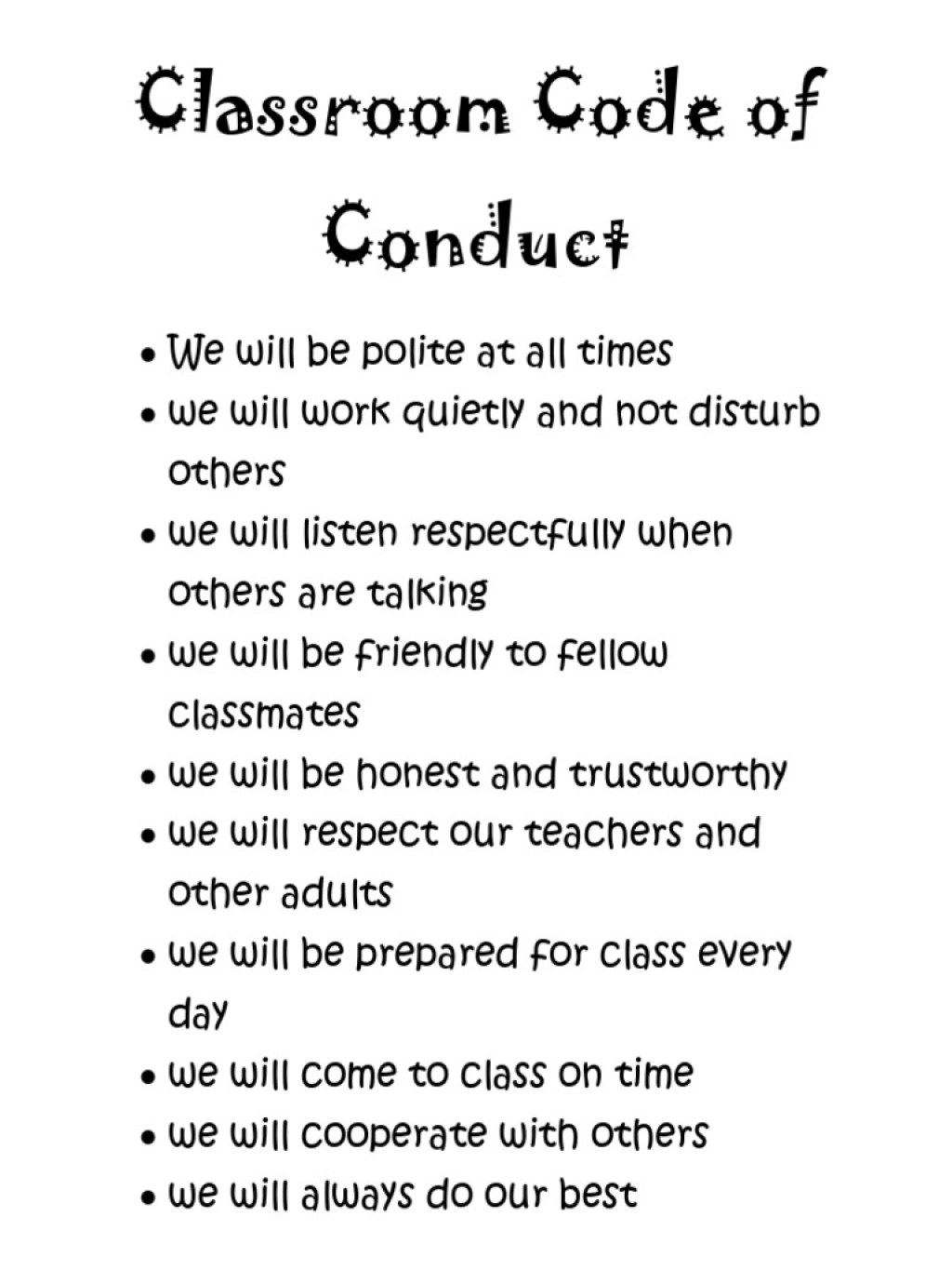 Picture of: Classroom Code of Conduct  PDF