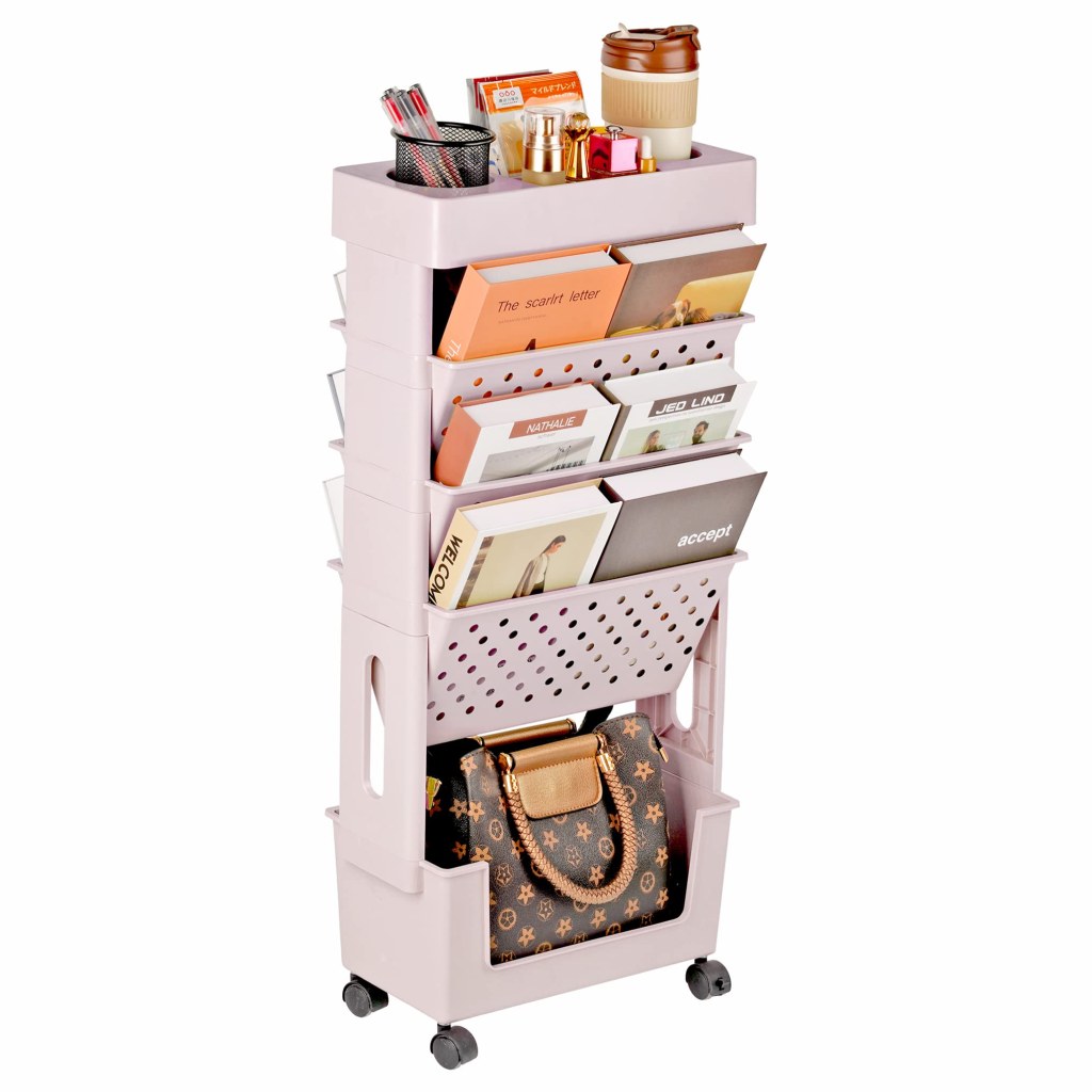 Picture of: YEMUNY  Tier Trolley Multifunctional Movable Storage Shelves with Lockable  Wheels for Home Office Study Classroom Pink